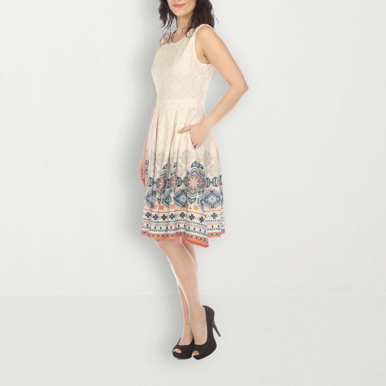 White Mark Womens Crew Neck Sleeveless Paisley Fit + Flare Dress