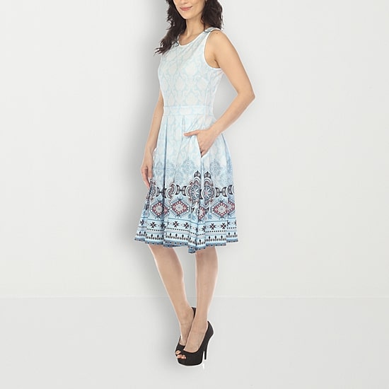 White Mark Womens Crew Neck Sleeveless Paisley Fit + Flare Dress
