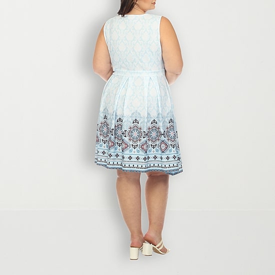 White Mark Womens Plus Crew Neck Sleeveless Paisley Fit + Flare Dress