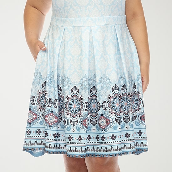 White Mark Womens Plus Crew Neck Sleeveless Paisley Fit + Flare Dress