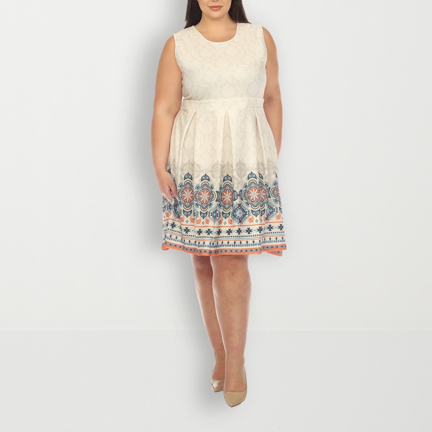White Mark Womens Plus Crew Neck Sleeveless Paisley Fit + Flare Dress