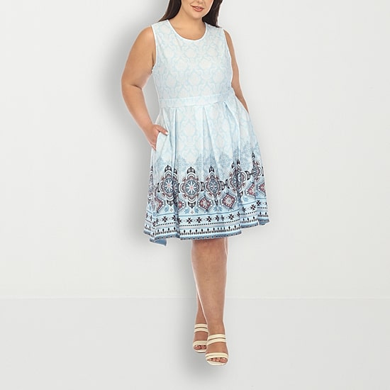 White Mark Womens Plus Crew Neck Sleeveless Paisley Fit + Flare Dress