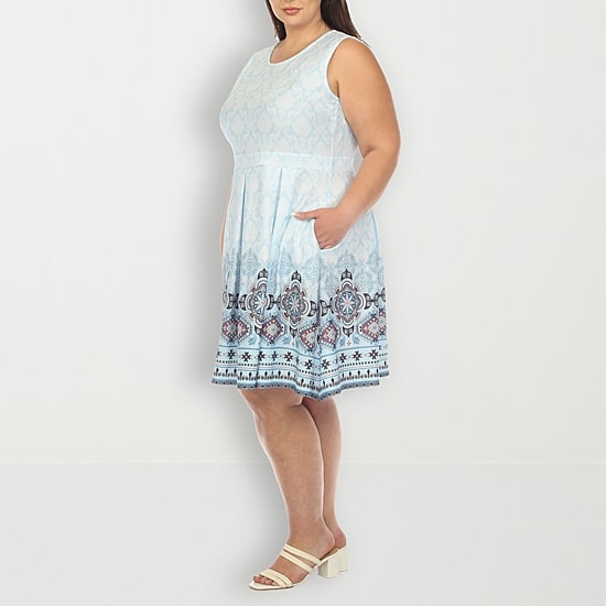 White Mark Womens Plus Crew Neck Sleeveless Paisley Fit + Flare Dress