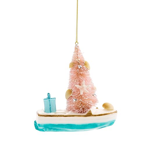 North Pole Trading Co. Glass Boat W/Tree Christmas Ornament