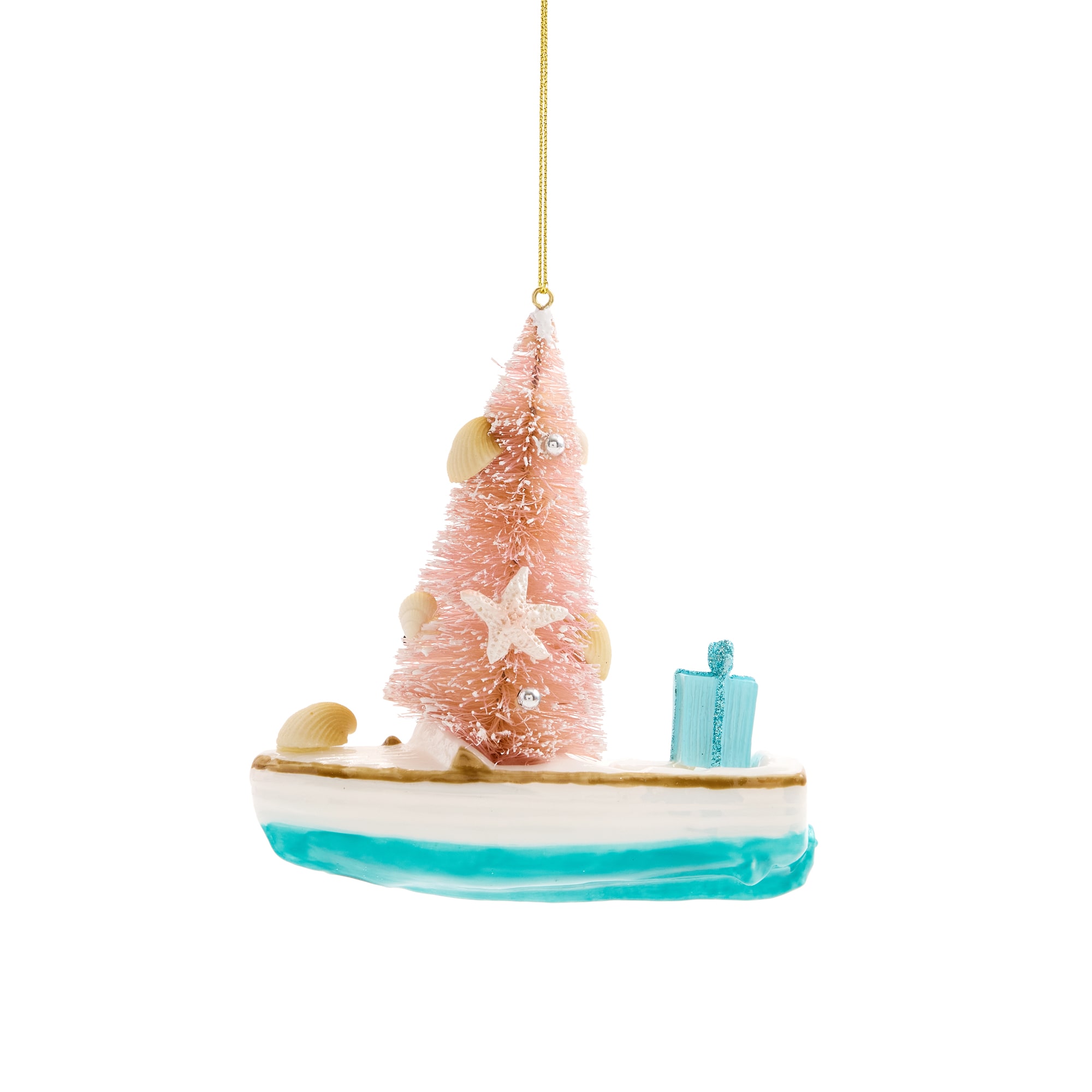 North Pole Trading Co. Glass Boat W/Tree Christmas Ornament
