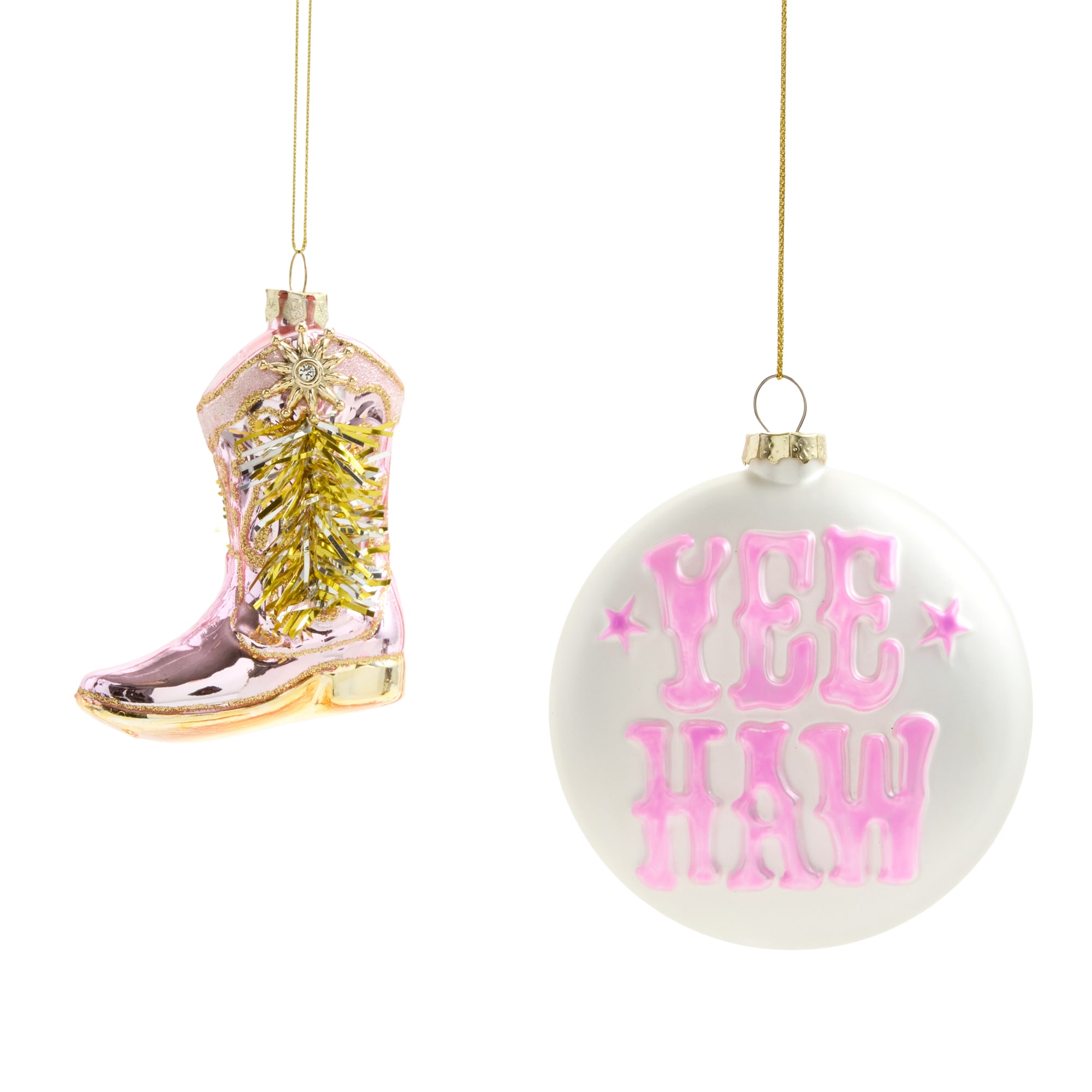 North Pole Trading Co. Yee Haw And Cowboy Boot Pink 2-pc. Christmas Ornament