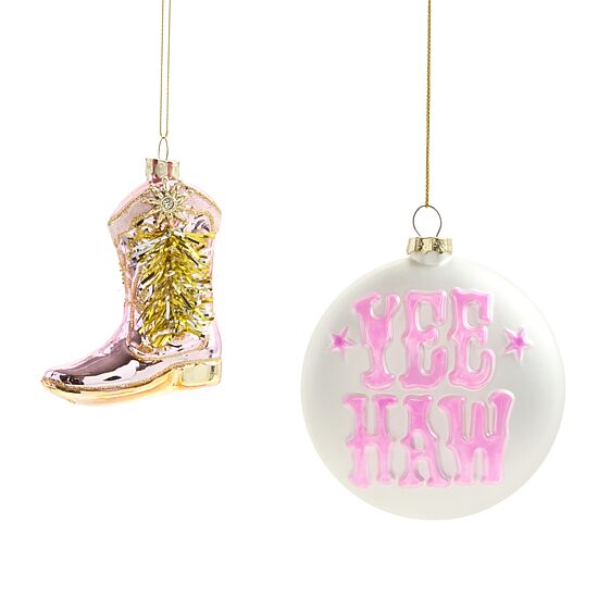 North Pole Trading Co. Yee Haw And Cowboy Boot Pink 2-pc. Christmas Ornament