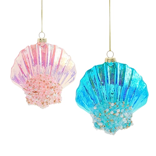 North Pole Trading Co . Clam Shell Blue And Pink 2-pc. Christmas Ornament
