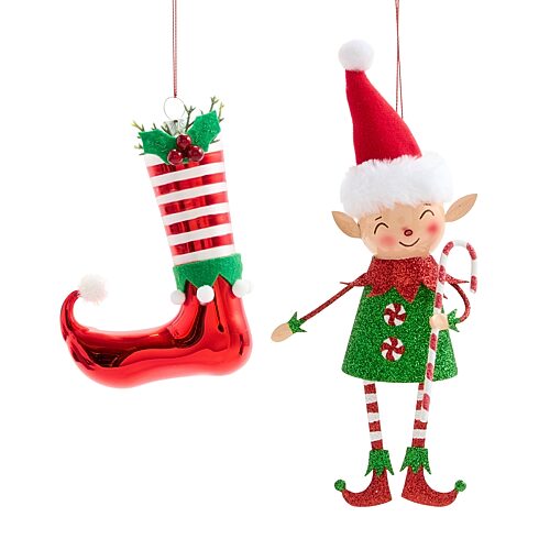 North Pole Trading Co . Glitter Elf And Elf Boot 2-pc. Christmas Ornament In Red