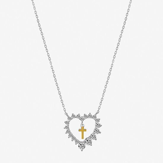 Footnotes Womens Cubic Zirconia Sterling Silver Cross Heart 16 Inch Pendant Necklace