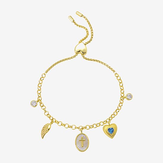Footnotes Womens Cubic Zirconia 10K Gold Over Brass Cross Heart Wing Charm Bracelet