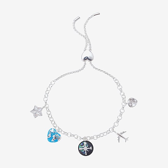 Footnotes Womens Cubic Zirconia Pure Silver Over Brass Heart Star Charm Bracelet