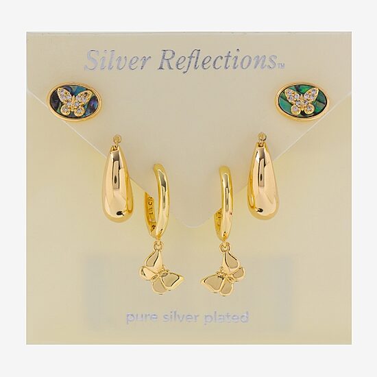 Silver Reflections Womens Cubic Zirconia 10K Gold Over Brass Butterfly 3 Pair Earring Set