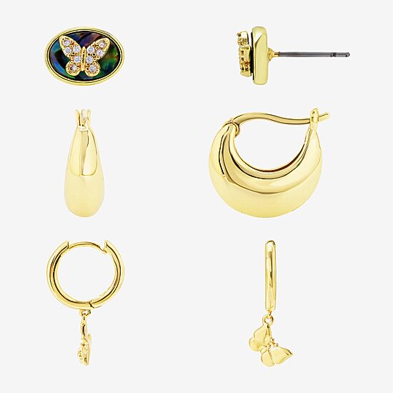 Silver Reflections Womens Cubic Zirconia 10K Gold Over Brass Butterfly 3 Pair Earring Set