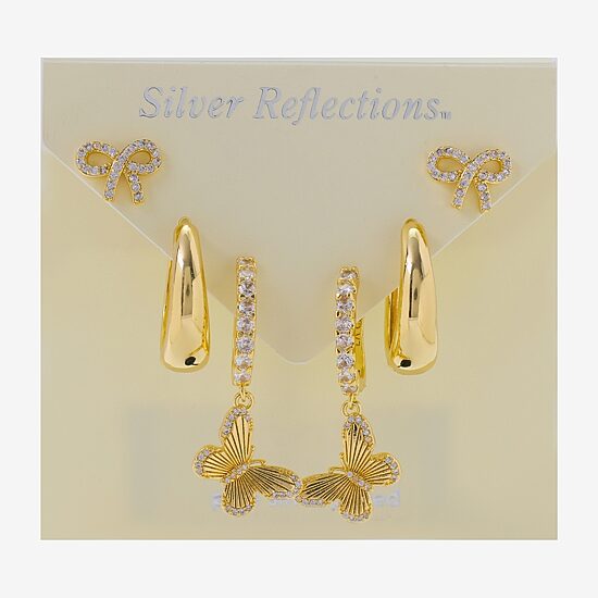Silver Reflections Womens Cubic Zirconia 10K Gold Over Brass Bow Butterfly 3 Pair Earring Set
