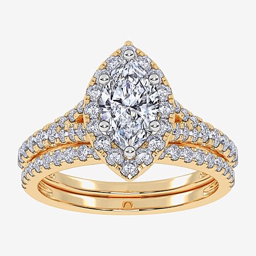(G / Vs2-Si1) Womens 1 CT. T.W. Lab Grown White Diamond 10K Gold Marquise Side Stone Halo Bridal Set, 9, Yellow