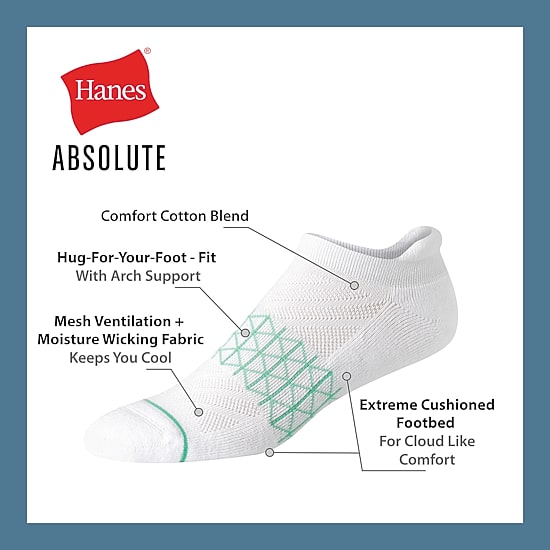 Hanes Absolute Heel Tab Mens Multi-Pack 3 Pair No Show Socks