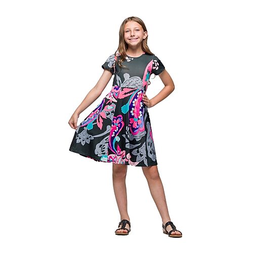 24seven Comfort Apparel Big Kid Girls Short Sleeve Fit + Flare Dress, Large, Multiple Colors