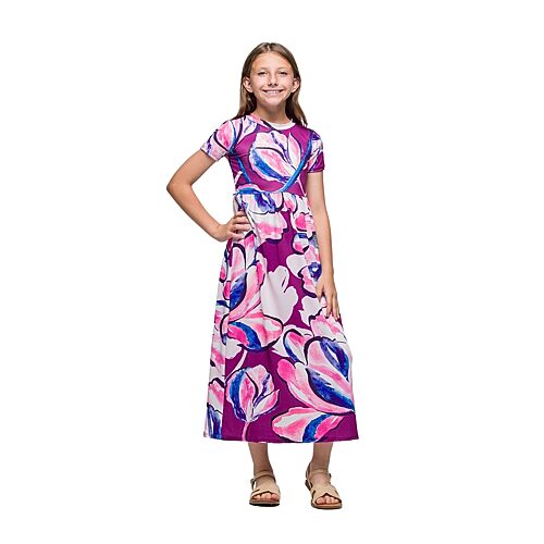 24seven Comfort Apparel Big Kid Girls Fitted Short Sleeve Floral Maxi Dress, Small, Multiple Colors