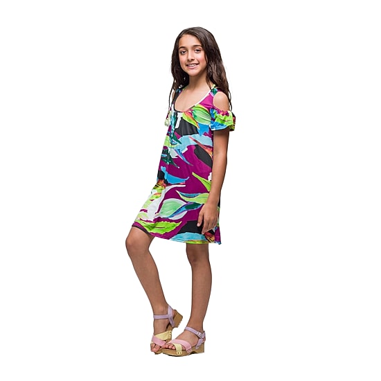 24seven Comfort Apparel Big Kid Girls Cold Shoulder Short Sleeve Knit A-Line Dress