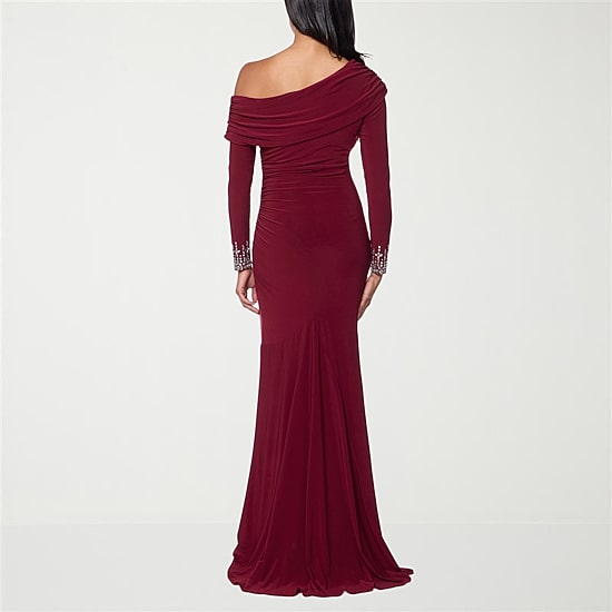 Premier Amour Womens Asymmetrical Neck Long Sleeve Fitted Evening Gown