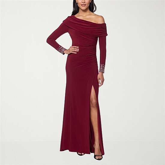 Premier Amour Womens Asymmetrical Neck Long Sleeve Fitted Evening Gown