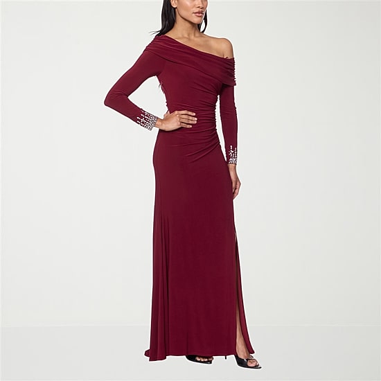 Premier Amour Womens Asymmetrical Neck Long Sleeve Fitted Evening Gown