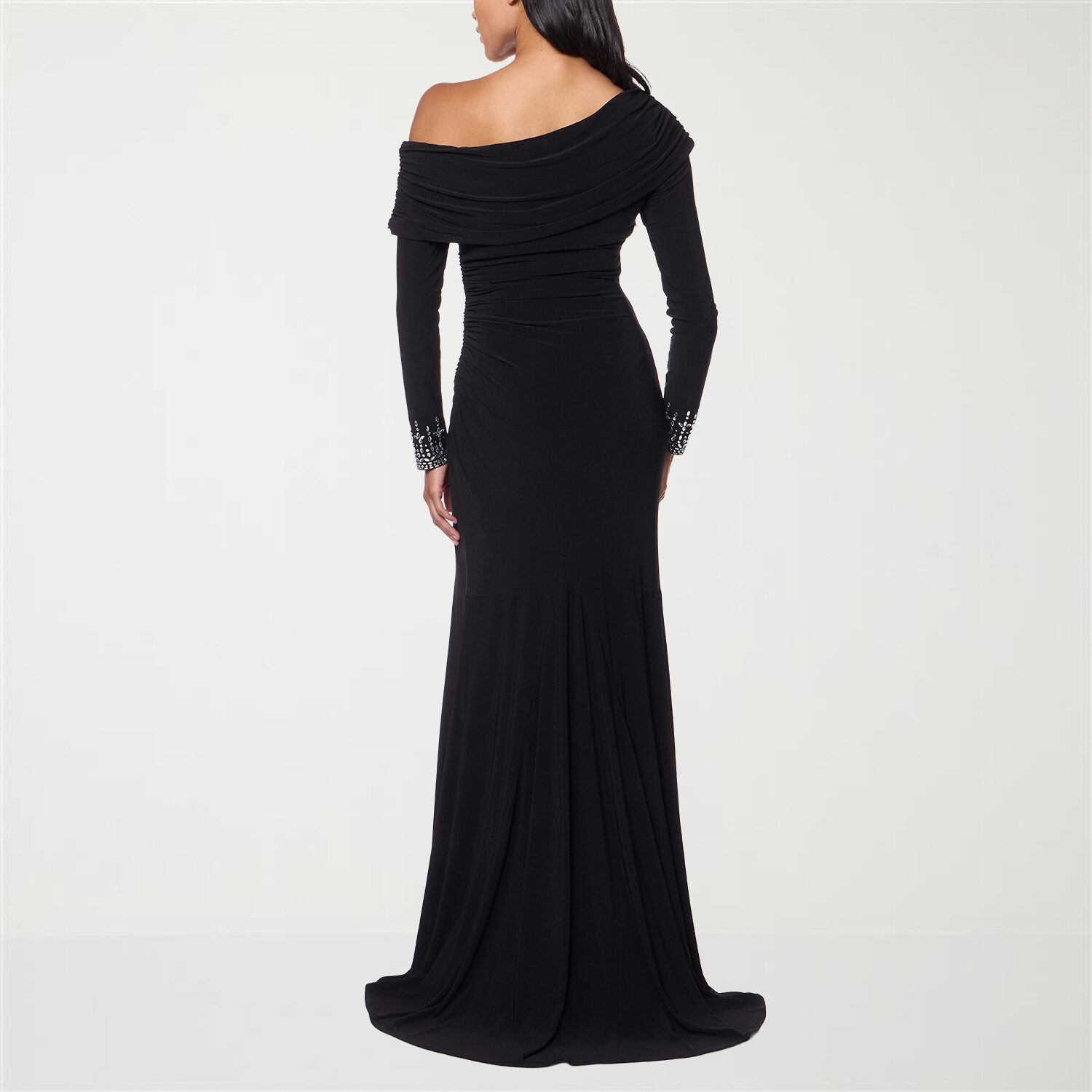 Premier Amour Womens Asymmetrical Neck Long Sleeve Fitted Evening Gown