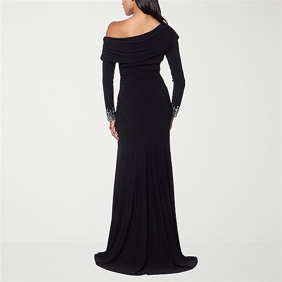 Premier Amour Womens Asymmetrical Neck Long Sleeve Fitted Evening Gown