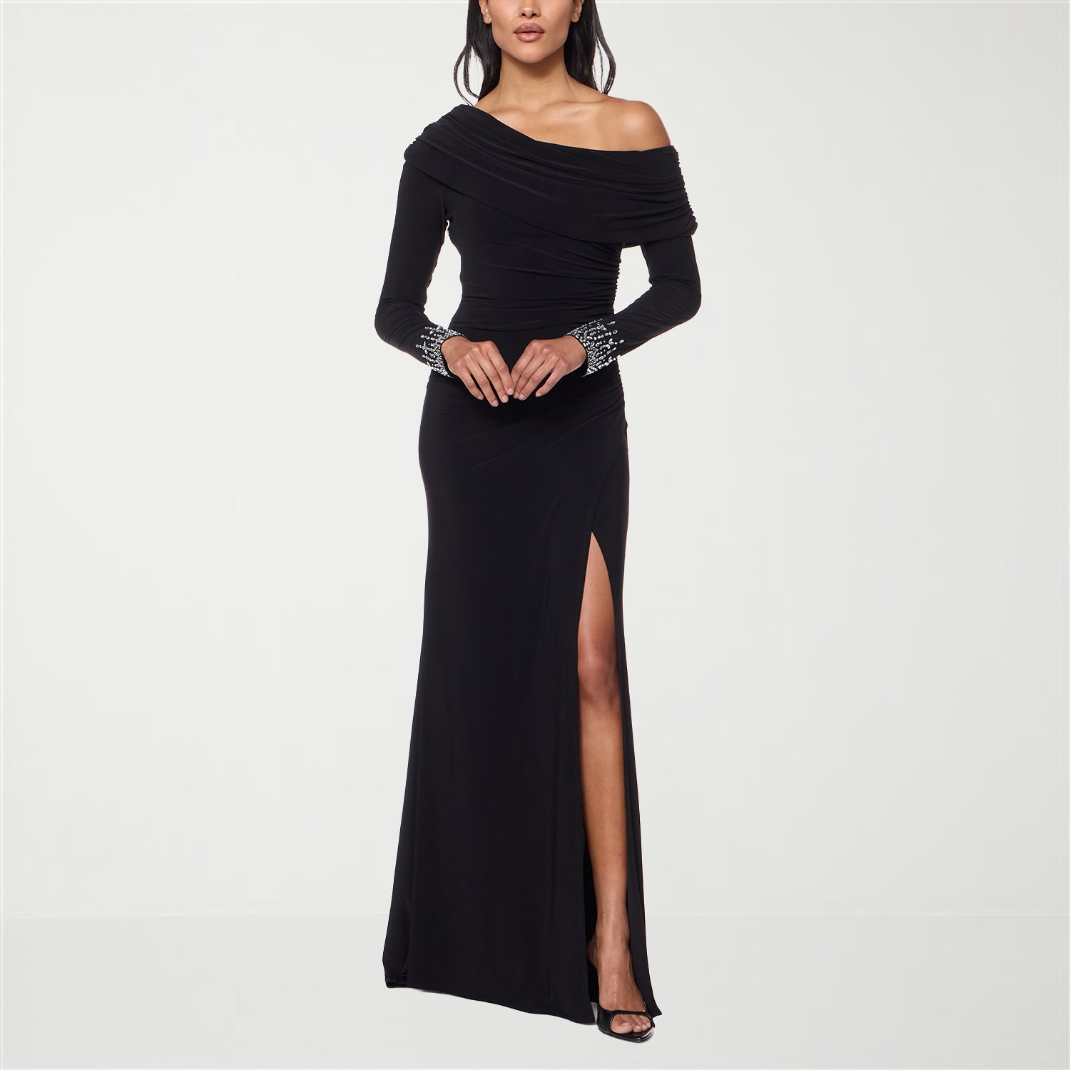 Premier Amour Womens Asymmetrical Neck Long Sleeve Fitted Evening Gown
