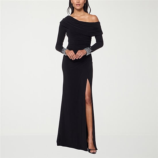 Premier Amour Womens Asymmetrical Neck Long Sleeve Fitted Evening Gown