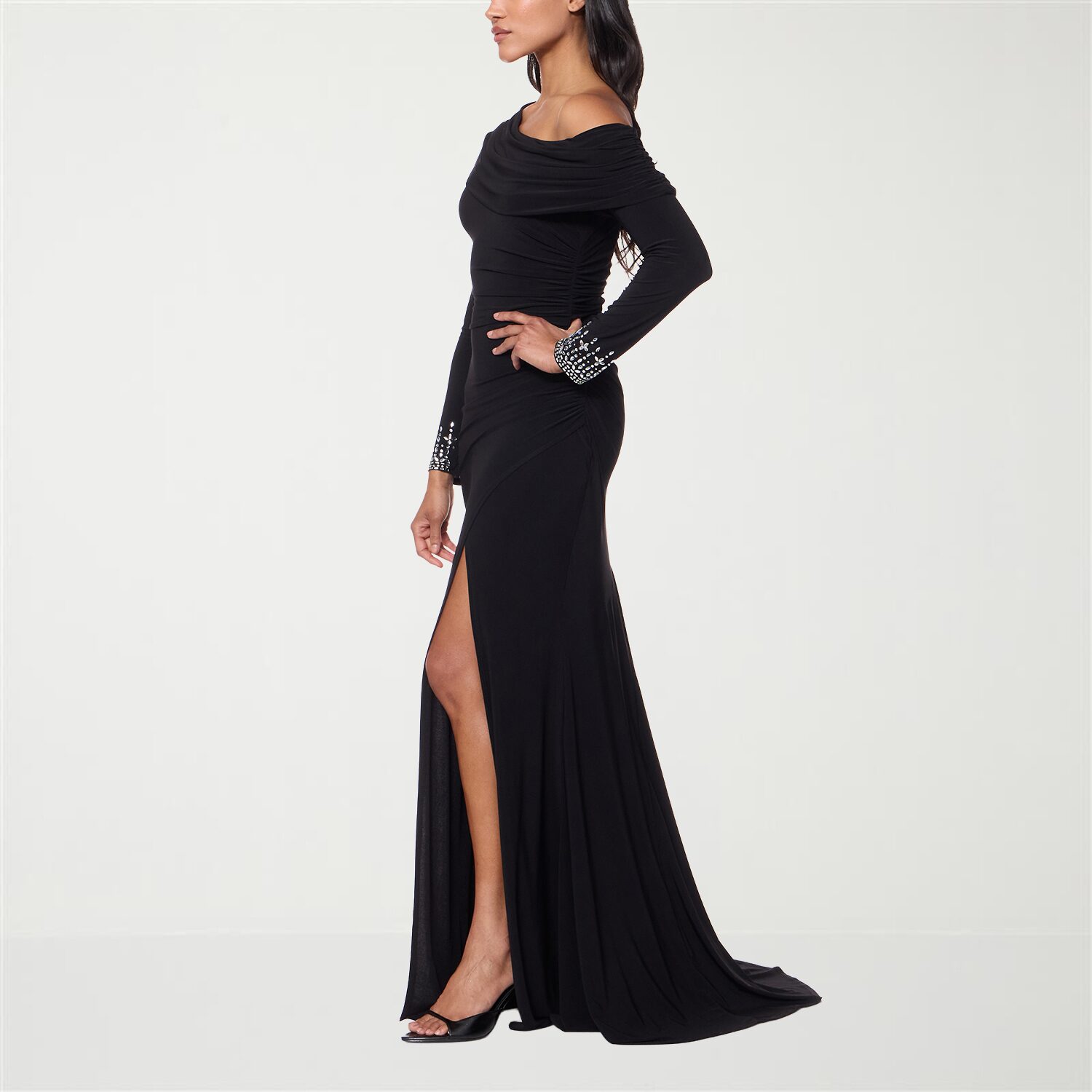 Premier Amour Womens Asymmetrical Neck Long Sleeve Fitted Evening Gown