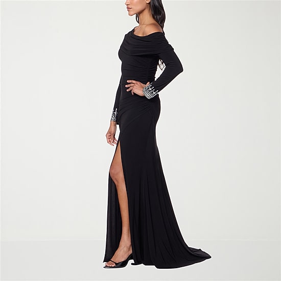 Premier Amour Womens Asymmetrical Neck Long Sleeve Fitted Evening Gown