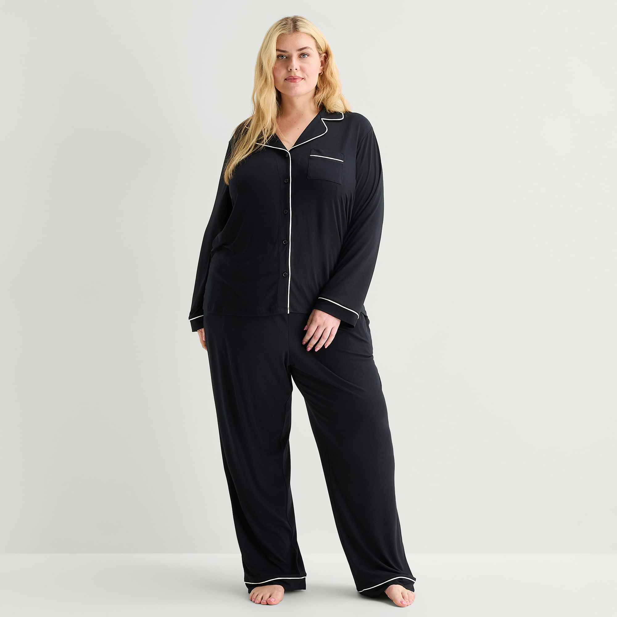 Ambrielle Womens V-Neck Long Sleeve 2-pc. Plus Pajama Set