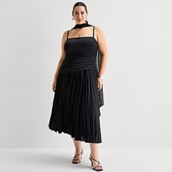 pleated dress for fat woman Plus Size Women's Red Elegant Pleated A-Line Dress With Tie Collar Batwing  Sleeve, Formal Summer Party Dress For Wedding Guest, Mother's Day Spring