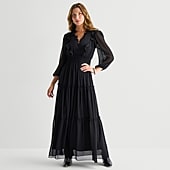 Melonie T Womens V Neck 3/4 Sleeve Balloon Chiffon Maxi Dress