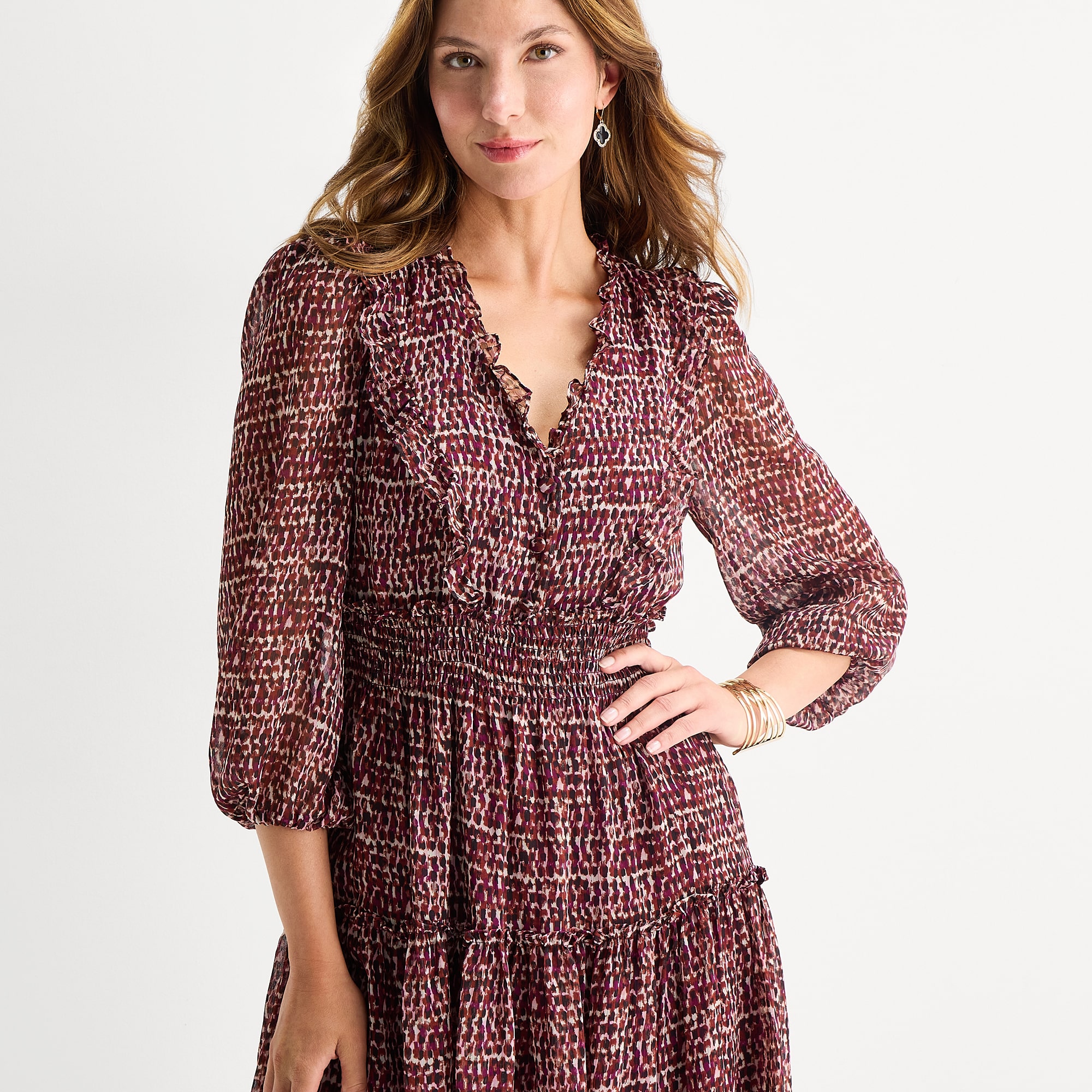 Melonie T Womens V Neck Long Sleeve Balloon Abstract Fit + Flare Dress