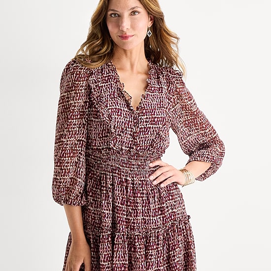 Melonie T Womens V Neck Long Sleeve Balloon Chiffon Abstract Fit + Flare Dress