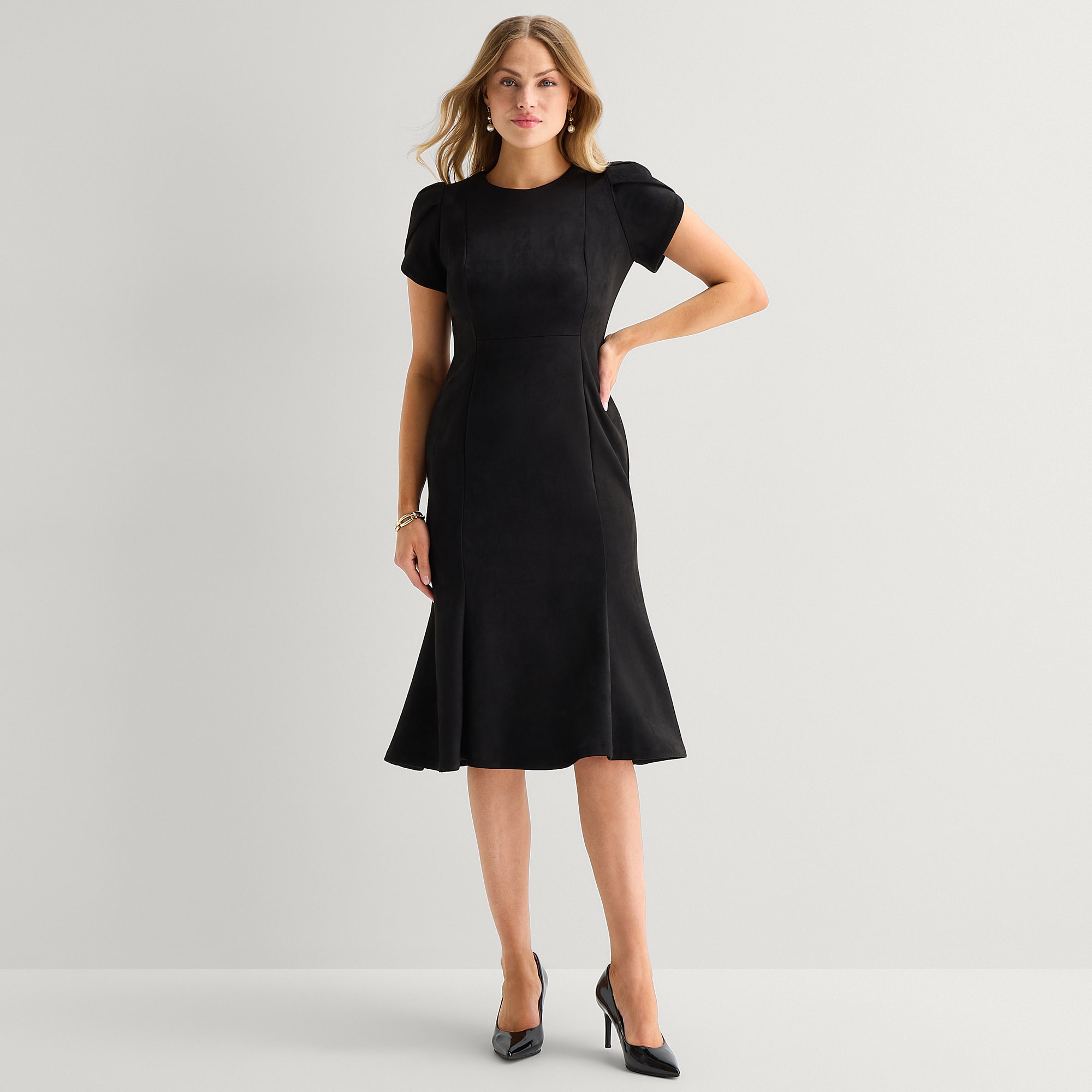 Marc New York Womens Midi Round Neck Short Sleeve Fit + Flare Dress