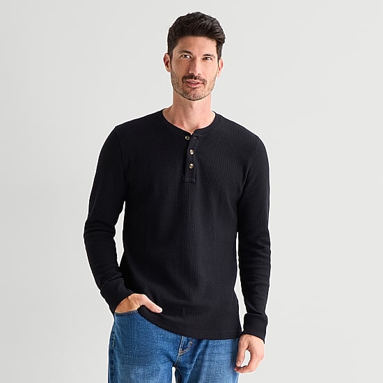 St. John's Bay Dexterity Mens Easy-on + Easy-off Sensory Friendly Henley Neck Long Sleeve Adaptive Classic Fit Thermal Top