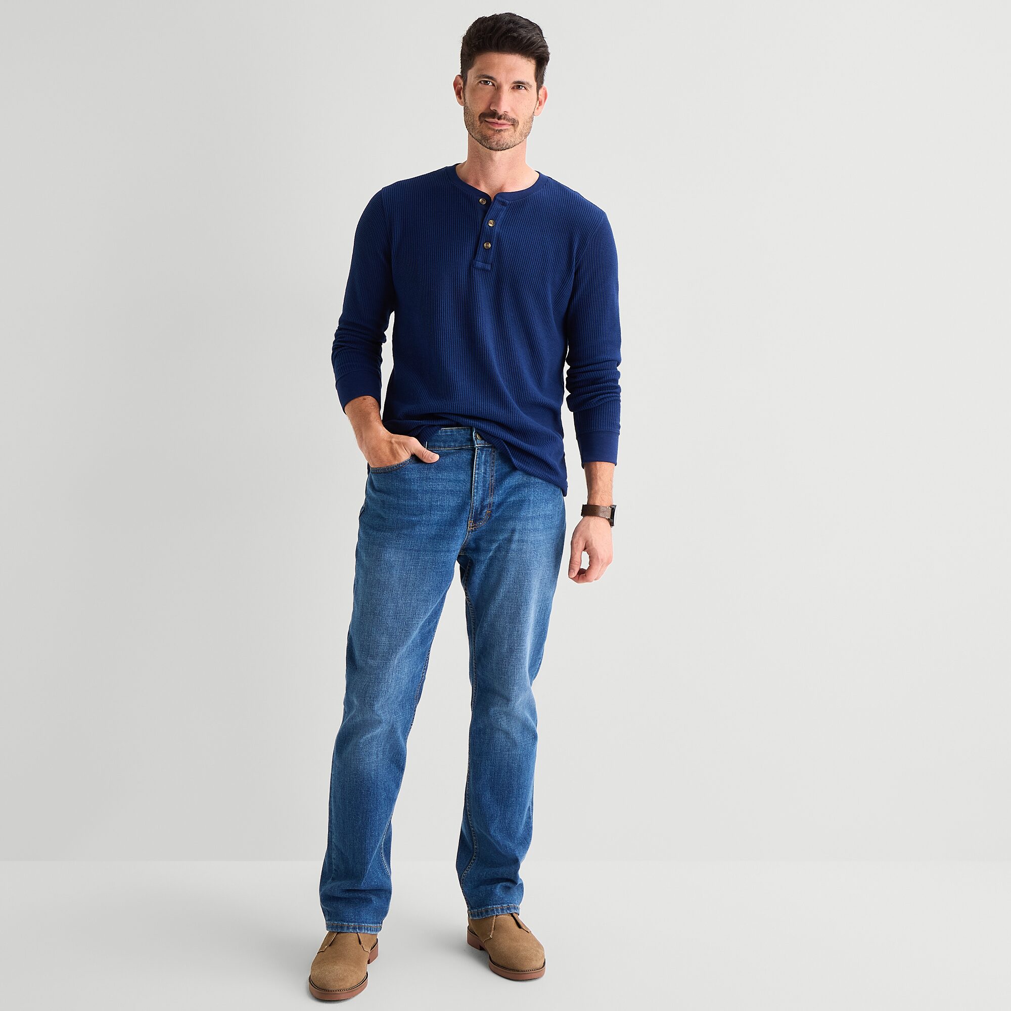 St. John's Bay Dexterity Mens Easy-on + Easy-off Sensory Friendly Henley Neck Long Sleeve Adaptive Classic Fit Thermal Top