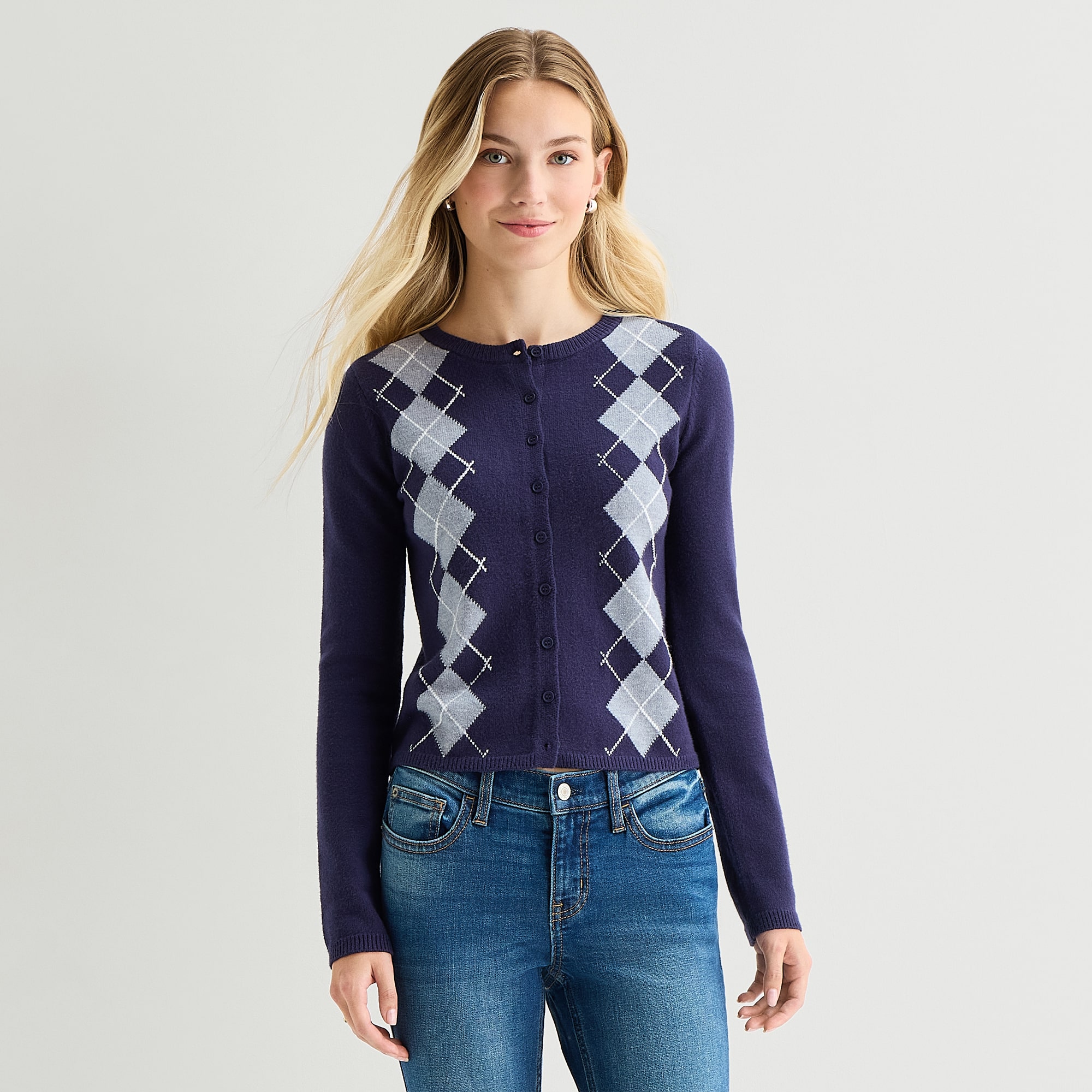 Arizona Womens Juniors Crew Neck Long Sleeve Button Cardigan