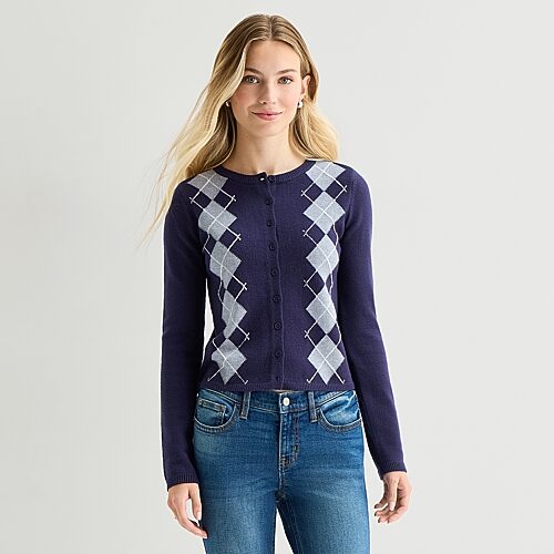 Arizona Womens Juniors Crew Neck Long Sleeve Button Cardigan In Blue