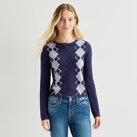 Arizona Womens Juniors Crew Neck Long Sleeve Button Cardigan
