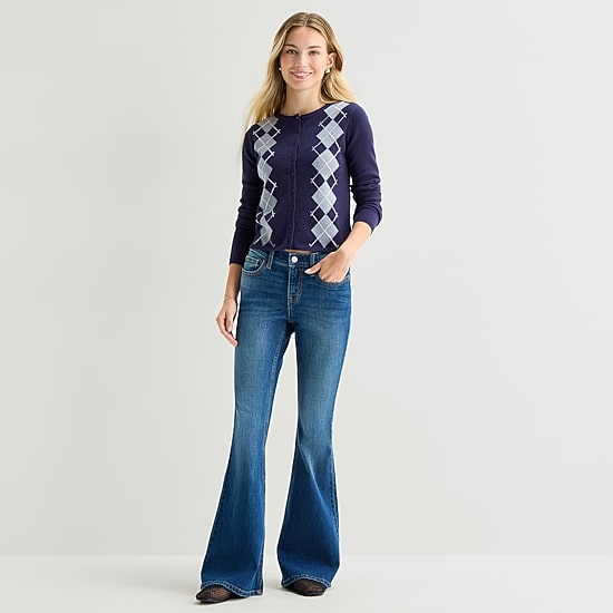 Arizona Womens Juniors Crew Neck Long Sleeve Button Cardigan
