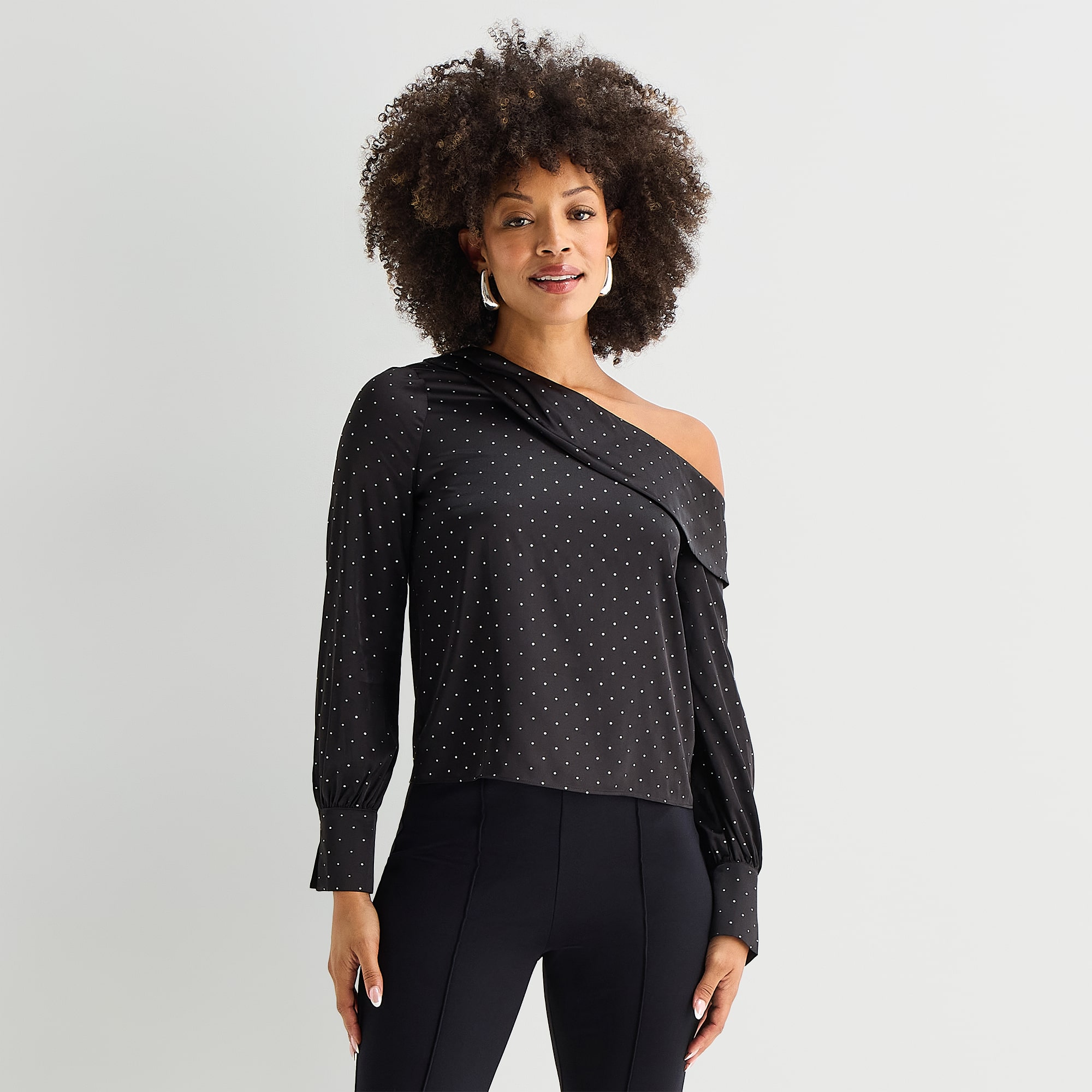 Bold Elements Womens Asymmetrical Neck Long Sleeve Satin Blouse