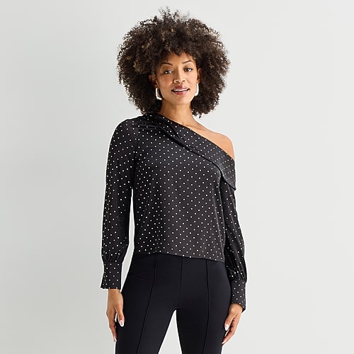 Bold Elements Womens Asymmetrical Neck Long Sleeve Satin Blouse In Black
