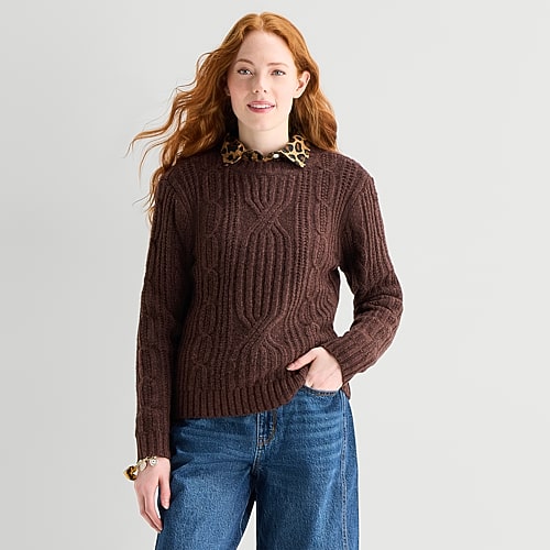 St. John's Bay Womens Crew Neck Long Sleeve Pullover Sweater In Brown