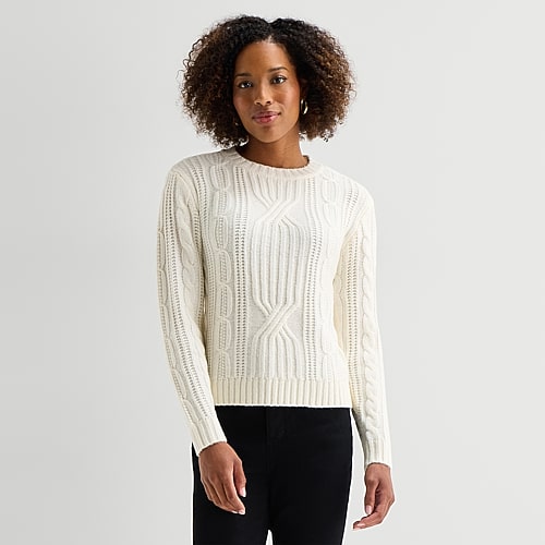 St. John's Bay Womens Crew Neck Long Sleeve Pullover Sweater In White