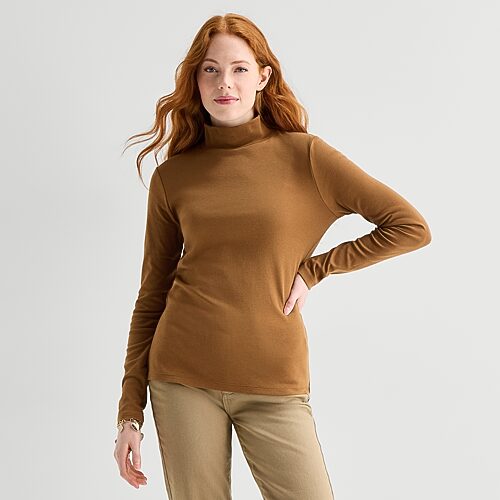 St. John's Bay Womens Mock Neck Long Sleeve T-shirt In Brown